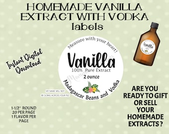 Peut inclure: Étiquette imprimable pour une bouteille de 59 ml d'extrait de vanille fait maison à base de gousses de vanille de Madagascar et de vodka. L'étiquette est blanche avec du texte noir et un motif floral. Le texte sur l'étiquette indique "Vanille Extrait Pur 100% 59 ml  Fèves de Madagascar et Vodka".