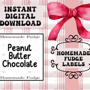 May include: Digital download with a pink plaid backdrop, a watercolour bow, and decorative labels. Text includes "Instant Digital Download," "Homemade Fudge," and "Peanut Butter Chocolate" labels.