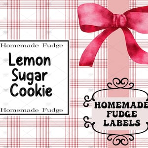May include: Digital design with a red and white plaid background, a pink ribbon, and decorative labels. The labels say "Homemade Fudge" and "Lemon Sugar Cookie". Ideal for food packaging or labels.