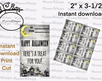 May include: Halloween-themed gift tags, measuring 2" x 3.5", with a spooky haunted house illustration, a smiling moon, and the text "Happy Halloween, Here's a treat for you!" Instant download.