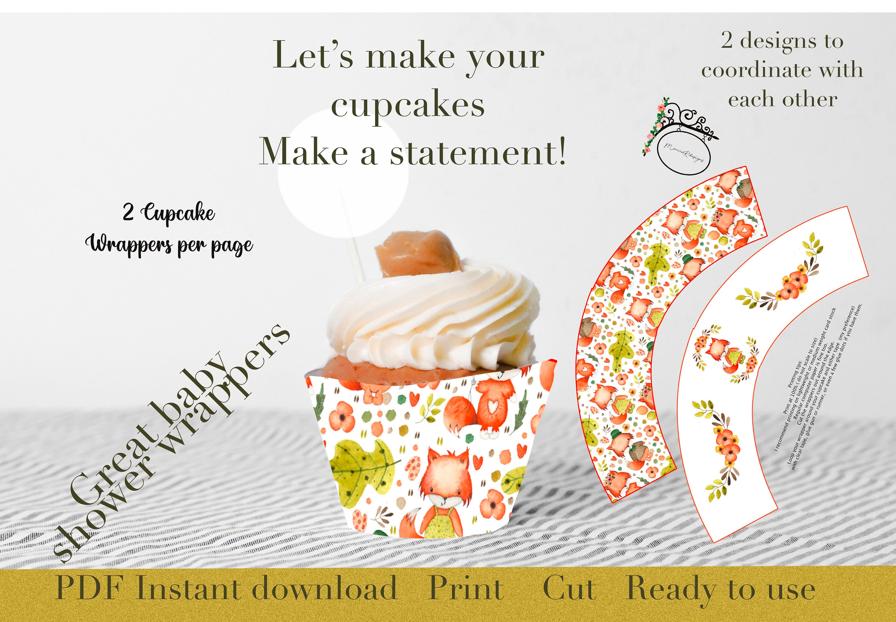 Printable cupcake wrappers BABY FOX cupcake wraps Baby shower cupcake wrappers