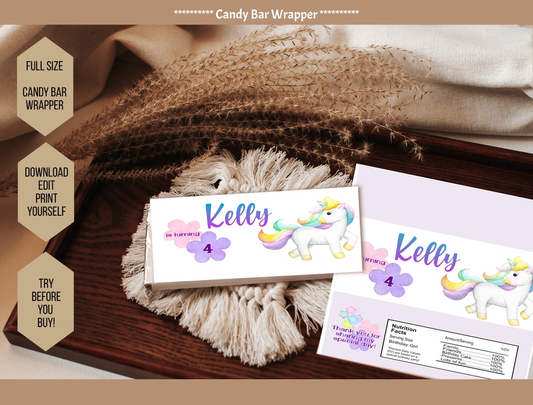 Editable UNICORN BIRTHDAY CANDY Wrapper Girls Unicorn Candy - Etsy