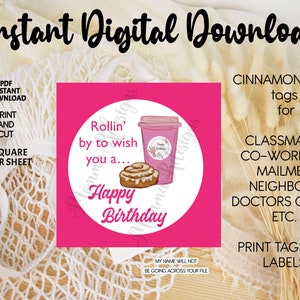 CINNAMON ROLL happy birthday labels, Happy Birthday tags, 2&quot; square tags