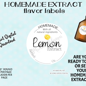 May include: Printable round label template for homemade lemon extract. The label features a white background with black text that reads "Homemade with all natural ingredients Lemon Extract Bottled: ..." and a small lemon illustration. The text "Are you ready to gift or sell your homemade extracts?" is also included.