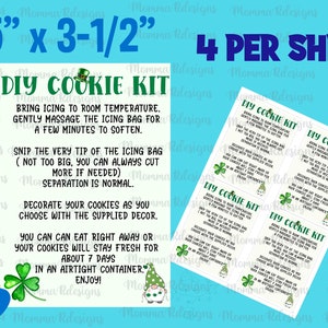 Può includere: Un'etichetta bianca per un kit di biscotti fai-da-te, con testo e illustrazioni verdi. L'etichetta misura 12,7 cm per 8,9 cm e include le istruzioni. Il testo recita "DIY Cookie Kit".