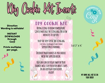 EDITABLE Easter Diy cookie inserts, cookie instructions, DIY Kit, Easter Bunny Cookies