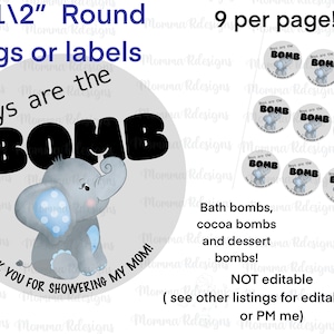 Boys are the BOMB  bath bomb or cocoa bomg favor tags.  Elephant favor tags, boys baby shower favor tags