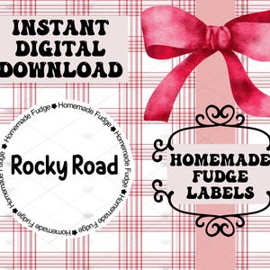 May include: Digital download with a pink plaid pattern, a red bow, and labels. Text includes "Instant Digital Download", "Rocky Road", and "Homemade Fudge Labels".