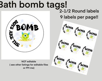 Badbombs- eller kakaobombs-gåvoetiketter för pojkar. Gavoetiketter för monstertema, gåvoetiketter för pojkar till babyshowern