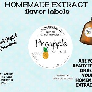Puede incluir: Plantilla de etiqueta imprimible para extracto de piña hecho en casa. La etiqueta es blanca con un borde negro y presenta una ilustración de piña. El texto de la etiqueta dice "Hecho en casa con todos los ingredientes naturales Extracto de piña Embotellado: ... oz."