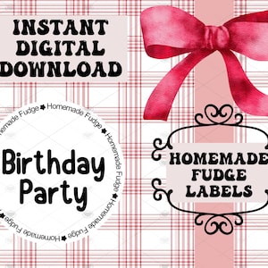 May include: Digital download graphic with text: "Instant Digital Download." Features a pink bow, "Homemade Fudge Labels," and a "Birthday Party" graphic. The background is a pink and white plaid pattern.