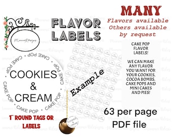 COOKIES & CREAM cake pop Flavor tags, 1"  Cake pop labels, Cookies and Cream flavor labels