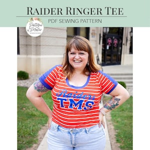 May include: A woman wearing a red and white striped ringer tee with blue accents and the word "Raiders TMS" across the chest. The image is a PDF sewing pattern advertisement with text that reads "RAIDER RINGER TEE PDF SEWING PATTERN".