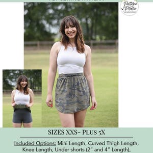 May include: A woman models a camouflage skort and white vest top, promoting the "PLAYDATE SKORT" PDF sewing pattern. The pattern offers mini and knee-length options, under shorts, pockets, and a drawstring. Sizes available are XXS to 5X. The text reads "PDF Sewing Pattern".