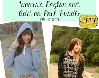 Womens Raglan Shirt and Tunic With Add On Pack Bundle Sewing PDF Pattern by Patterns for Pirates Sizes XXS-XXXL Knit,  top, hood collar cowl