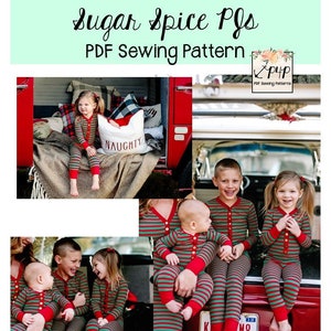 May include: A PDF sewing pattern for Sugar Spice PJs, featuring a red, green and white striped pyjama set with red buttons. The pattern includes sizes 3 months to 14 years and options for short and long trouser lengths, short, 3/4, and long sleeves. The pattern is printable and includes a full picture tutorial.