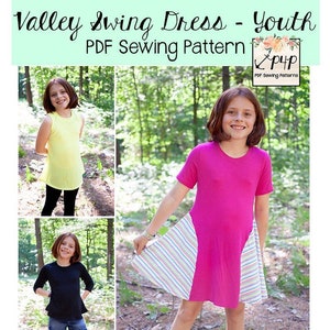 May include: PDF sewing pattern for a youth Valley Swing Dress. The pattern includes sizes 3M to 14 and offers options for tanktop, short, 3/4 and long sleeves, shirt, tunic and above-knee dress lengths. The pattern includes printable pattern pieces and a full picture tutorial.