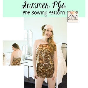 May include: A PDF sewing pattern for a summer pajama set in sizes XXS to Plus 3X. The pattern includes options for crop, top, and nightie lengths, as well as cheeky, shorties, and capri lengths. The pattern also includes high and low rise options. The image shows a woman wearing a leopard print pajama set.