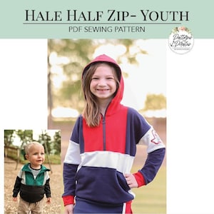 May include: A youth half-zip hoodie in red, white, and navy blue color block design. The hoodie features a front zipper and a hood. The text "HALE HALF ZIP- YOUTH" and "PDF SEWING PATTERN" are displayed at the top.