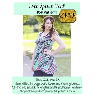 May include: A PDF pattern for a Free Spirit Tank, featuring a woman wearing a colourful tank top with a black and white pattern. The pattern is available in sizes XXS to Plus 3X, with four lengths and four hemlines. The pattern includes full picture tutorials.