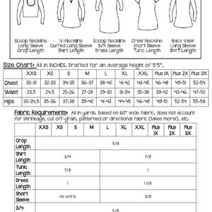 K&ouml;nnte beinhalten: Ein Schnittmuster f&uuml;r ein Basic-T-Shirt mit verschiedenen Ausschnitt- und &Auml;rmelvarianten. Die Tabelle zeigt den Stoffbedarf in Yards f&uuml;r verschiedene Gr&ouml;&szlig;en, einschlie&szlig;lich XXS, XS, S, M, L, XL, XXL, Plus IX, Plus 2X und Plus 3X. Das Schnittmuster ist f&uuml;r eine durchschnittliche K&ouml;rpergr&ouml;&szlig;e von 5'5" konzipiert und enth&auml;lt Anweisungen f&uuml;r Crop-, Shirt-, Tunika- und Kleiderl&auml;ngen.