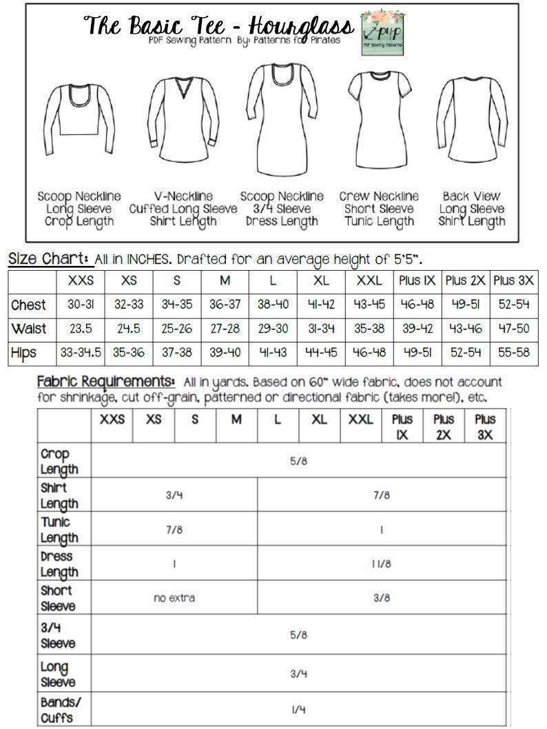 K&ouml;nnte beinhalten: Ein Schnittmuster f&uuml;r ein Basic-T-Shirt mit verschiedenen Ausschnitt- und &Auml;rmelvarianten. Die Tabelle zeigt den Stoffbedarf in Yards f&uuml;r verschiedene Gr&ouml;&szlig;en, einschlie&szlig;lich XXS, XS, S, M, L, XL, XXL, Plus IX, Plus 2X und Plus 3X. Das Schnittmuster ist f&uuml;r eine durchschnittliche K&ouml;rpergr&ouml;&szlig;e von 5'5" konzipiert und enth&auml;lt Anweisungen f&uuml;r Crop-, Shirt-, Tunika- und Kleiderl&auml;ngen.