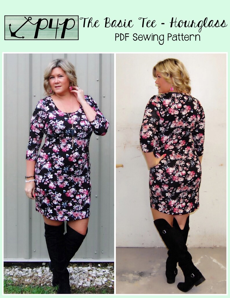 K&ouml;nnte beinhalten: Ein schwarzes Kleid mit rosa Blumenmuster, 3/4-&Auml;rmeln und einer figurbetonten Silhouette. Das Kleid wird an einem Model mit schwarzen kniehohen Stiefeln gezeigt. Der Text "The Basic Tee - Hourglass PDF Sewing Pattern" ist oben im Bild zu sehen.