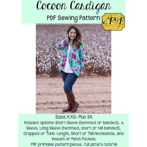 May include: A PDF sewing pattern for a cocoon cardigan. The pattern includes sizes XXS to Plus 3X and offers options for short or long sleeves, cropped or tunic length, and different neckbands and pockets. The image shows a woman wearing a floral cardigan in a field.