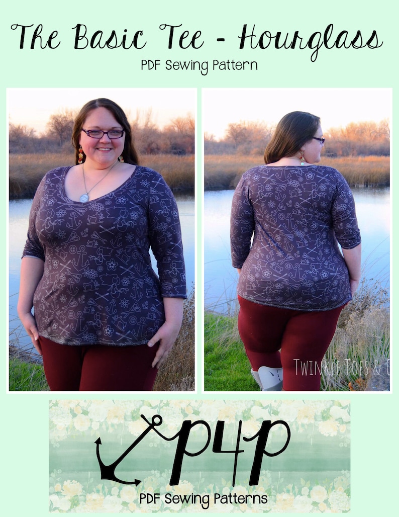 K&ouml;nnte beinhalten: Eine Frau tr&auml;gt ein grau-wei&szlig; gemustertes, lang&auml;rmliges Shirt mit Rundhalsausschnitt. Das Shirt hei&szlig;t "The Basic Tee - Hourglass" und ist ein PDF-Schnittmuster. Der Text "pup PDF Sewing Patterns" befindet sich am unteren Rand des Bildes.