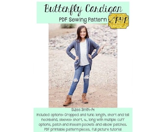 Butterfly Cardigan | PDF Sewing Pattern, Youth Sizes 3M - 14