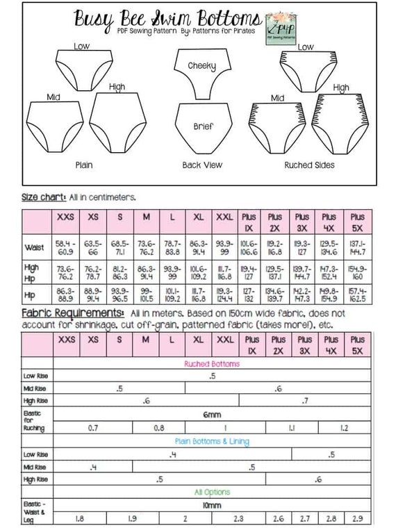 Busy Bee Swim Bottoms PDF Sewing Pattern, Adult Sizes XXS Plus 5X 