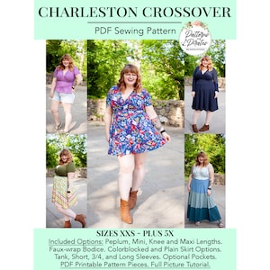 Puede incluir: Un patrón de costura PDF para un vestido Charleston Crossover. El patrón incluye tallas XXS a Plus 5X y ofrece varias opciones, incluyendo peplum, mini, rodilla y maxi longitudes. El patrón también incluye corpiño de envoltura falso, opciones de falda de color bloqueado y lisa, tanque, manga corta, 3/4 y manga larga, bolsillos opcionales y un tutorial completo con imágenes.