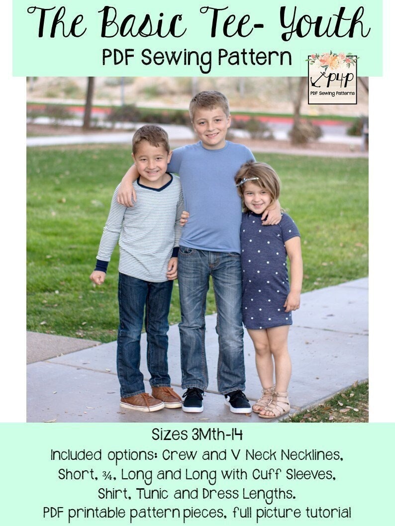 The Basic Tee - Youth | PDF Sewing Pattern, Youth Sizes 3M - 14