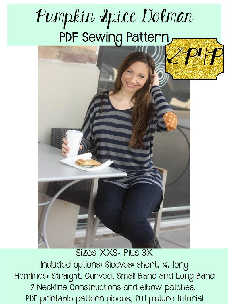 Pumpkin Spice Dolman Shirt für Frauen PDF Schnittmuster Größen XXS-XXL Strick, Top, Tunika Modern, Stylish, Langarm Bild 1