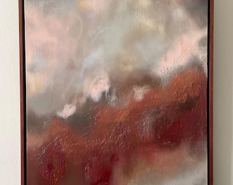 Original Abstract Mixed Media Painting, Framed In Walnut, D-rings, Wire