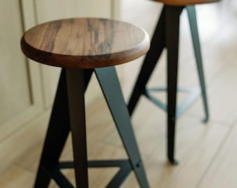 Walnut Counter Bar Stools - Modern Windmill Design, Steel Frame - Set of 2