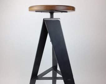 Bar Height, Windmill Stool, metal base, solid wood seat, swivel and adjustable height, modern kitchen stool