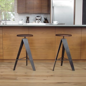 Set of 2, Windmill Stool, CLEAR, counter height, metal base, WALNUT wood seat, swivel and adjustable height, modern kitchen stool