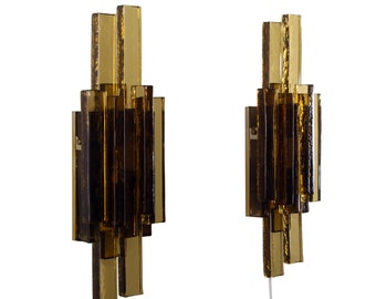 GLASS SCONCES (pair) by Holm Sorensen, 1960s. Danish mid century design. Rare pair of beautiful dark gray glass and brass wall lights