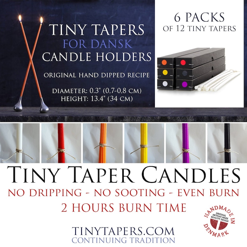 TINY TAPERS 6 boxes for Quistgaard DANSK candle holders. 6 boxes of 12 new Tiny Taper candles, handmade original recipe Danish candles image 1