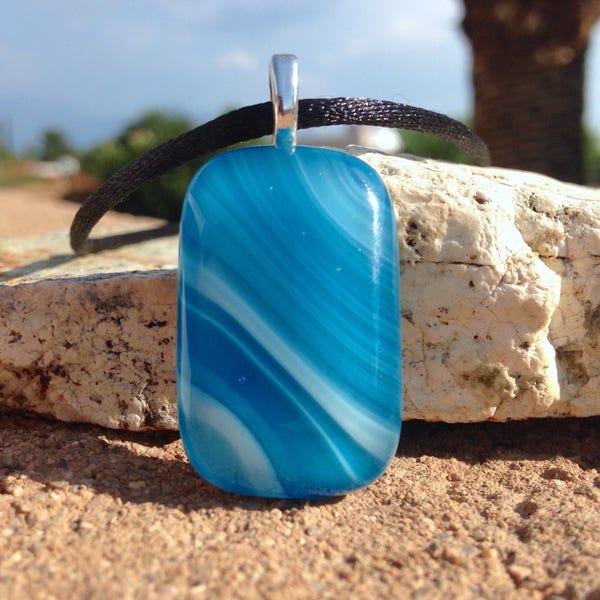 Blue Glass Necklace with Soft Stripes ~ Striped Fused Glass Jewelry for Her ~ Gift Idea for Women