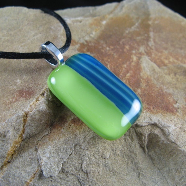 Two-Tone Green Glass Pendant with Satin Cord ~ Green Necklace for Her ~ Fused Glass Jewelry ~ Statement Necklace ~ Unique Gift Idea for Her