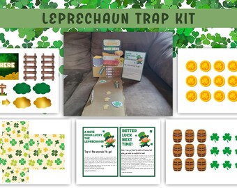 Op de afbeelding: Een Leprechaun-valset met een verscheidenheid aan printbare elementen, waaronder een bord met de tekst "Hier", een bord met de tekst "Goud hier", een briefje van de Leprechaun, een briefje met de tekst "Betere geluk volgende keer", een set gouden munten, een set groene klavers en een set vaten.