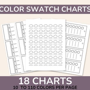 Puede incluir: Tres cartas de muestra de color blancas con contornos negros. La parte superior de la imagen dice "COLOR SWATCH CHARTS". La parte inferior de la imagen dice "18 CHARTS 10 TO 110 COLORS PER PAGE". Los gráficos tienen diferentes diseños para la organización del color.
