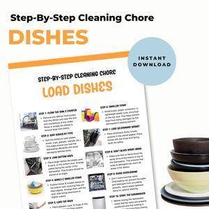 Peut inclure: Un guide imprimable avec des instructions sur la façon de charger un lave-vaisselle. Le guide comprend des illustrations et du texte avec des étapes sur la façon de trier les plats par type, de charger le panier inférieur, de charger le panier supérieur et de charger les couverts. L'image montre également une pile de plats.