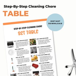May include: A printable checklist with instructions on how to set a table for a meal. The checklist includes steps for placing the tablecloth, dinner plate, salad plate, fork, knife, napkin, and glassware. The image also shows a close-up of a set table with cutlery.