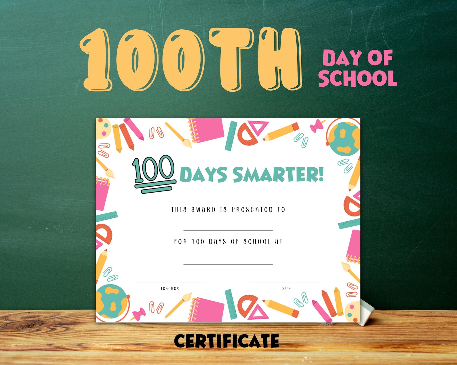 100 Days Smarter Certificate Printable, 100th Day of School, 100th Day ...