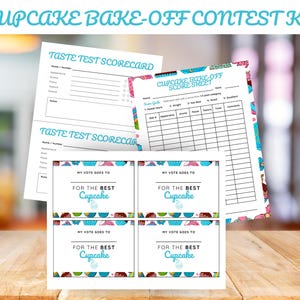 Può includere: Un kit per il concorso di cupcake con schede di valutazione e schede di voto. Il kit include schede di valutazione del gusto, un foglio di valutazione del concorso di cupcake e schede di voto con "My Vote Goes To For The Best Cupcake".