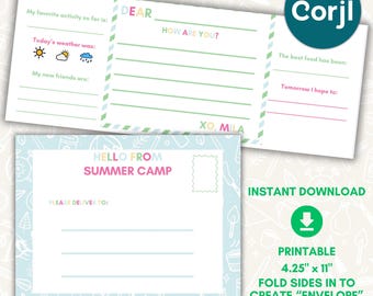 Printable Personalized Summer Camp Stationery Blue Trifold No Envelope Prompts Letters from Home Fill In Lined Care Package Girl Boy Custom