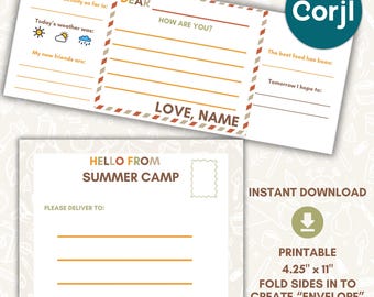 Printable Personalized Summer Camp Stationery Nature Trifold Envelope Prompts Letters from Home Fill In Lined Care Package Girl Boy Custom